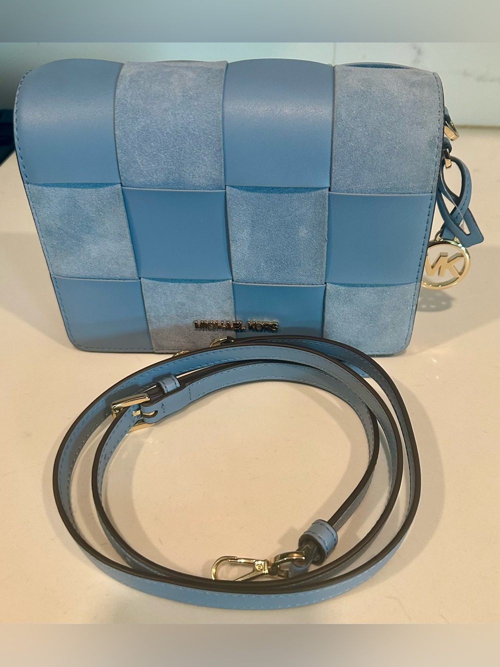 Michael Kors Light Blue Woven Leather & Suede Crossbody Bag